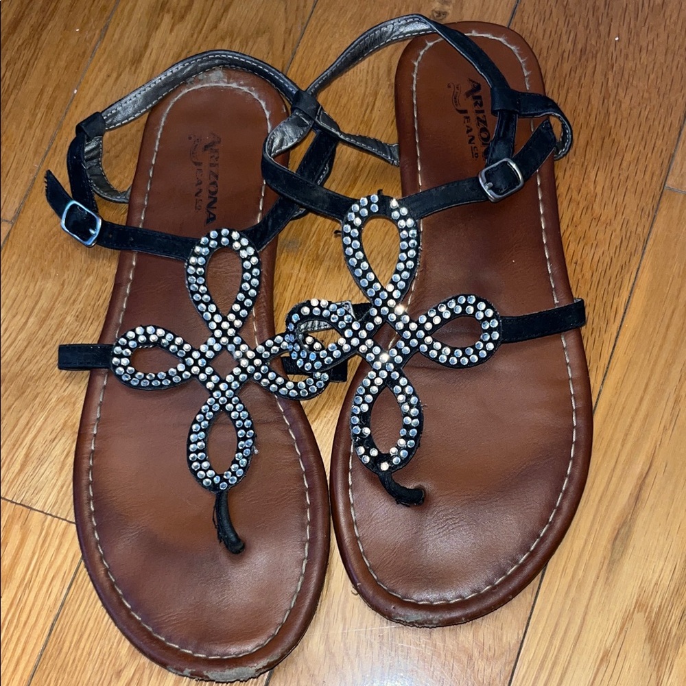 Arizona Jeans Elegant Black Sparkly and Brown Sandals - Size 7.5